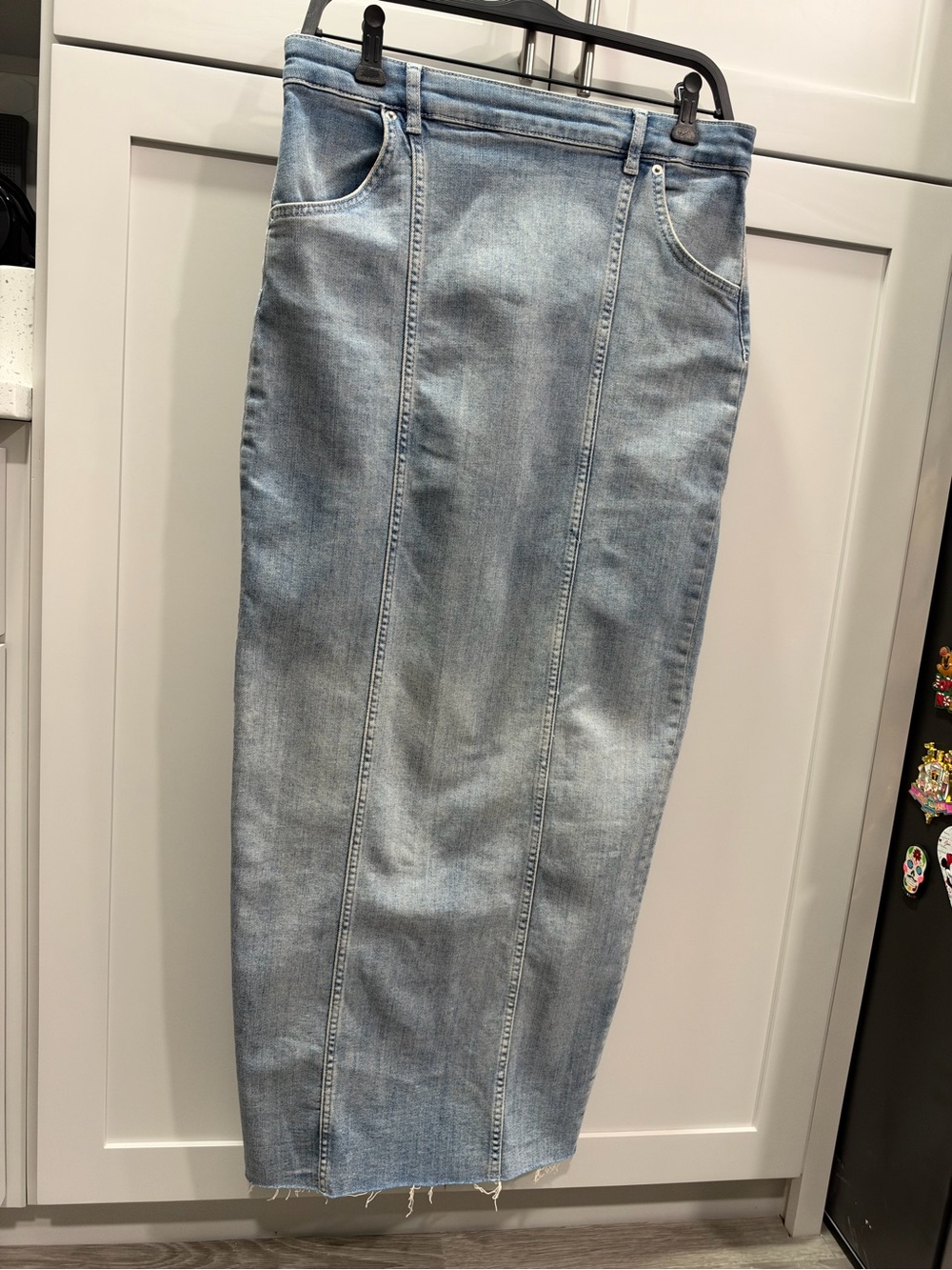 Zara High Waist Denim Maxi Pencil Skirt Raw Hem Large